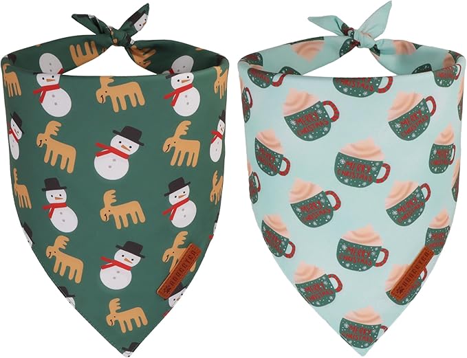 ADOGGYGO Green Christmas Dog Bandana, Snowman Reindeer Mug Puppy Scarf, Adjustable Fit Merry Christmas Bandanas for Small Dogs (Small)