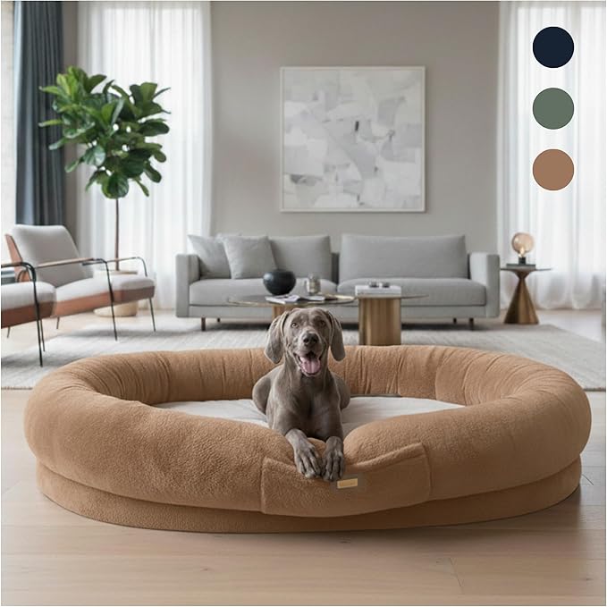 Human Dog Bed for Adults & Pets – Extra Large Cozy Lounger with Ultra-Soft Plush Fabric, Premium Egg Crate Foam & Removable Washable Cover – Oversized Pet Bed for Relaxation & Bonding (Brown & Beige)