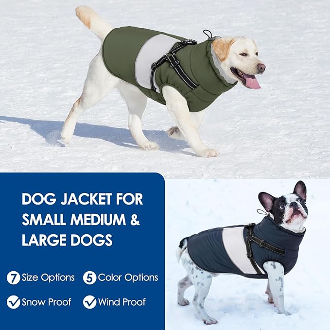 KOESON Dog Coat, Warm Dog Winter Jacket with Harness Built-in for Easy Walk, Fleece Lined Cold Weather Coat for Medium Dogs, Waterproof Puffer Jacket for French Bulldog, Corgi, Beagle, Army Green M