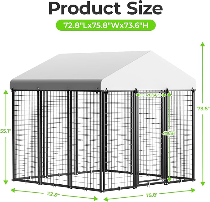 Dog Kennel Outdoor, 6x6 FT Heavy Duty Dog Pens Outside with Waterproof Roof, Metal Dog Run Fence with Galvanized Welded Wire Steel for Puppy Playpen