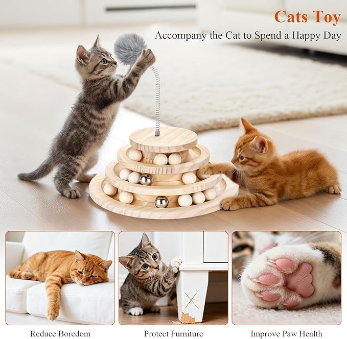 SMICEM Large Upgraded Cat Track Ball Toy with Bell & Teaser Wand - 3-Layer Tower Roller, Interactive Wooden Cat Toy for Mental & Physical Exercise, Double Fun for Kittens & Adult Cats