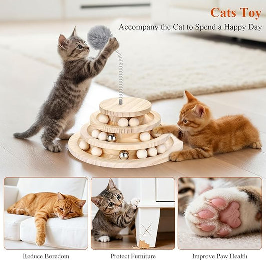 SMICEM Large Upgraded Cat Track Ball Toy with Bell & Teaser Wand - 3-Layer Tower Roller, Interactive Wooden Cat Toy for Mental & Physical Exercise, Double Fun for Kittens & Adult Cats