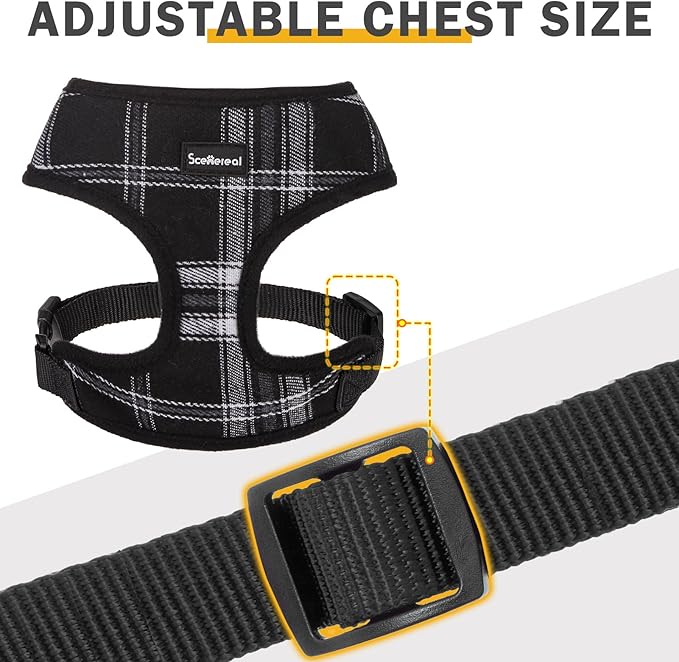 SCENEREAL No Pull Dog Harness Collar and Leash Set Small Medium Sized Dog, Soft Mesh Step in Puppy Harnesses, No Chock Plaid Adjustable Pet Vest for Outdoor Walking Training and Running, Black XS