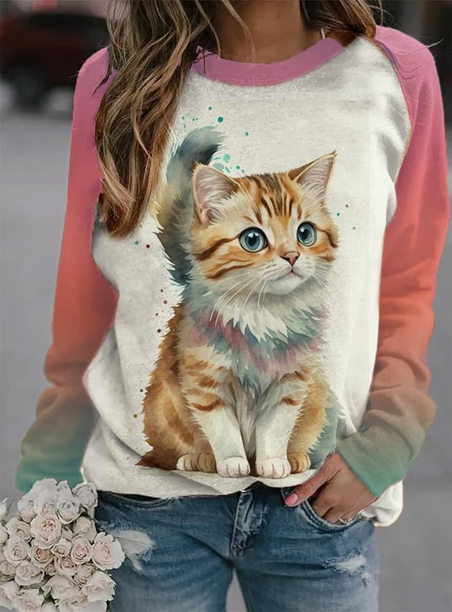 IVERIRMIN Womens 3D Cat Crewneck Sweatshirts Casual Cute Long Sleeve Shirts Pullover Tops Graphic Loose Fit Sweater for Women