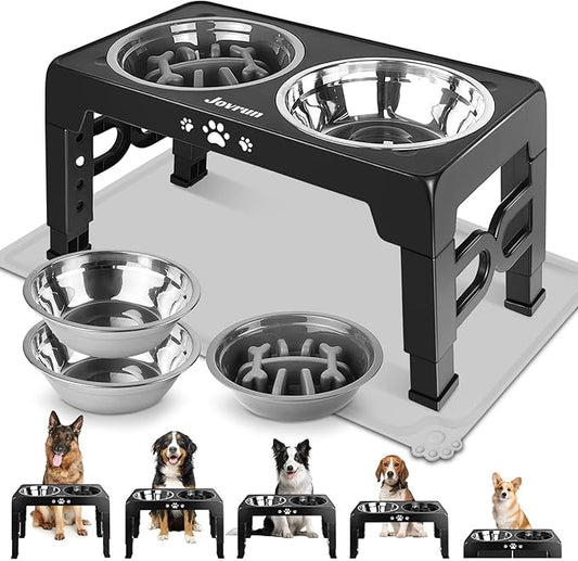 Elevated Dog Bowls, Dog Feeder with Stainless Steel Dishes & Slow Feeder Bowl, 5 Heights Adjustable Raised Stand for Medium Large, Food Dishes with Non-Slip Feet