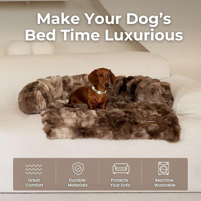 Pelsbarn Dog Bed for Couch, Luxurious Sofa Bed for Dogs with Non-Slip Oxford Bottom - Faux Rabbit Fur with Removable Cover, Small, Brown - 28x28 in