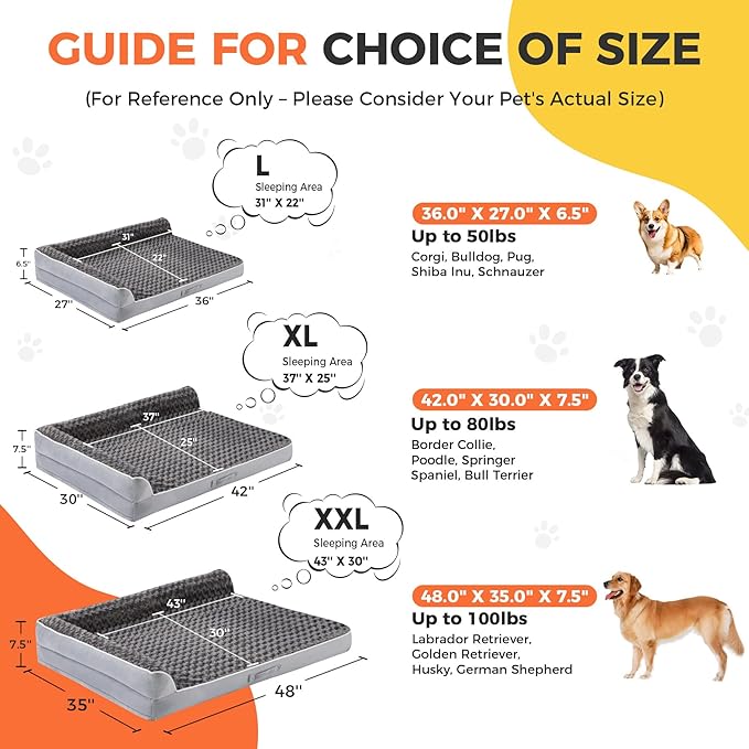 Dog Bed Large Sized Dogs, XL Orthopedic Dog Bed for Large Dogs 42"x30"x7.5", Waterproof Pet Bed with Washable Removable Cover, L-Shaped Pet Couch with Portable Handle, Grey