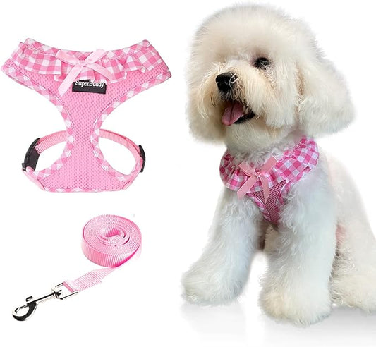 SuperBuddy Upgraded Soft Mesh Dog Harness, Super Breathable Lightweight Pet Harnesses for Puppy Dogs Outdoor Walking, Pink Dog Harness and Dog Leash Set Packing -Large