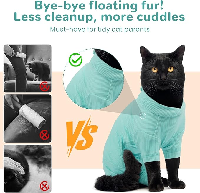 Sticky Hair Cat Clothes, Breathable & Lightweight, Reduces Shedding Fur Pajamas, Full Body Long Sleeve Surgical Bodysuit, Stop Licking & Shedding Blue 2XL