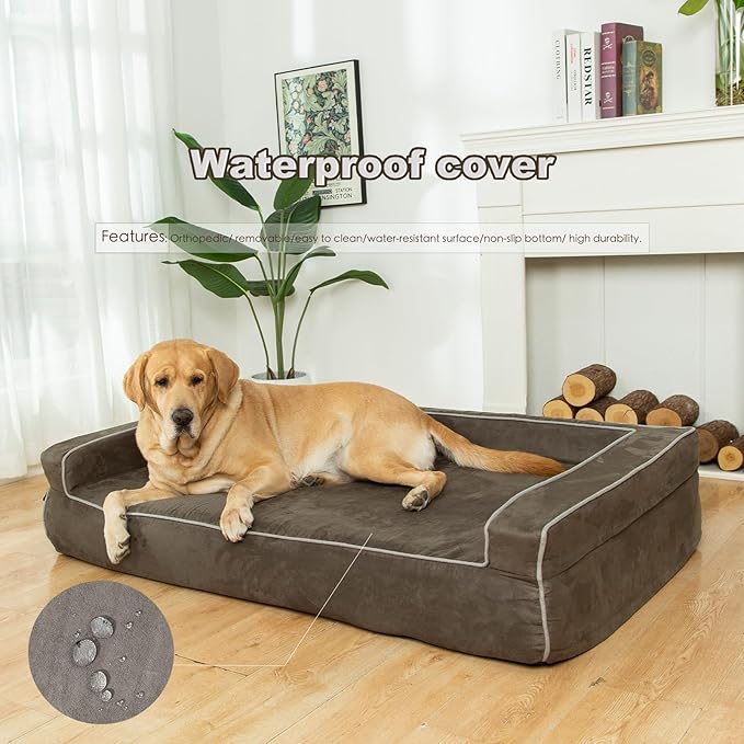 Orthopedic Foam Dog Beds for Extra-Large Dogs Up to 130 lbs, XL Dog Couch with Bolster, Washable Pet Bed Sofa with Removable All-Over Water-Resistant Cover & Non-Slip Bottom(X-Large, Grey)