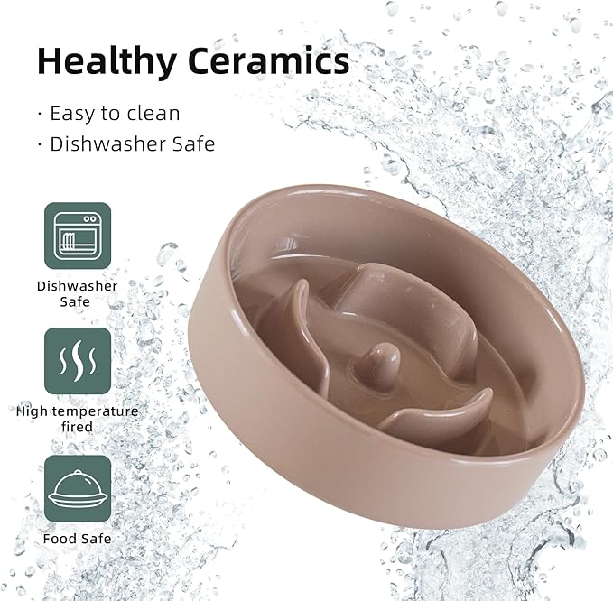 Ceramic 0.9 Cup Raised Slow Feeder Dog Bowl Set, Elevated 5.1inch Water Bowl and 6.1inch Puzzle Slow Pet Food Dish with Wooden Stand for Small Dog and Cat (2 x Brown Coffee+ Stand)