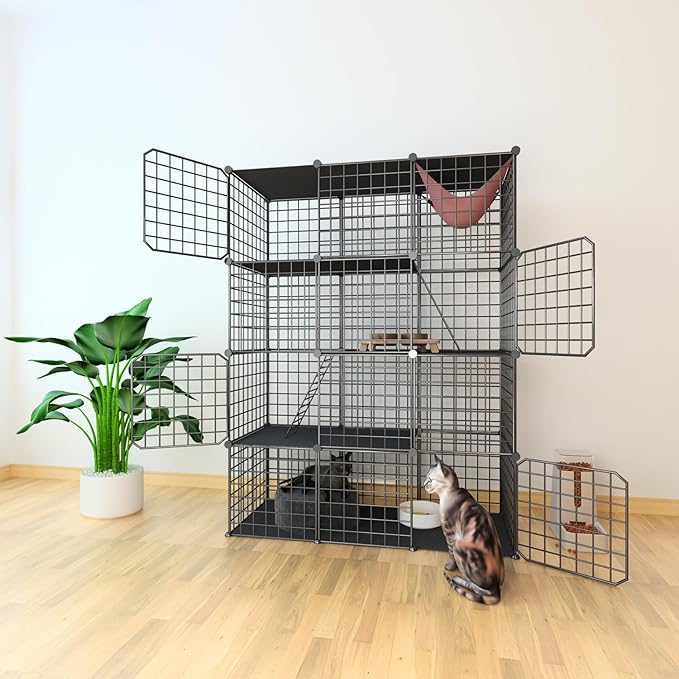 Indoor Cat Cage Enclosure DIY,Cat Playpen Catio Thick Metal Wire Kennels for 1-3 Cats Kitten Cage Detachable Patio Cat Crate（Only Cage）