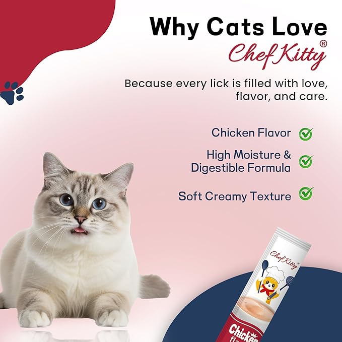 Chef Kitty Purée Pops, Cat Treats, Grain-Free, Lickable, Squeezable Creamy Cat Treat/Topper with Vitamin E & Taurine, 0.5 Ounces Each Tube, 10 Tubes, Chicken Flavor