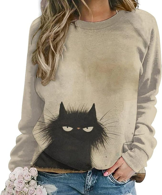 Biacolum Long Sleeve Shirts for Women Mid Century Retro Style Atomic Cat 3D Graphic Sweatshirts Fall Crewneck Pullover Top