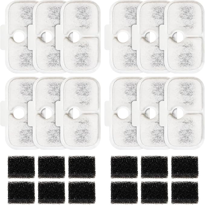 WuYan 12 Packs Replacement Filters for Dockstream Cat Water Fountain PLWF005,PLWF115,PLWF105,12 pcs Pet Water Fountain Filters with 12 pcs Pre-Filter Sponges