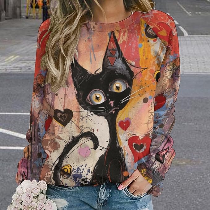 Womens novelty funny cat printed crewneck sweatshirt casual loose long sleeve graphic pullover sweatshirts tops