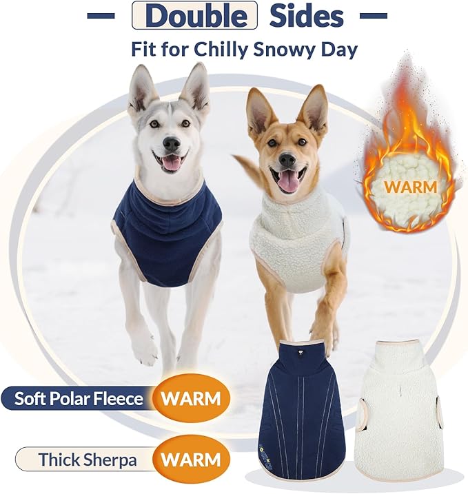 ROZKITCH Reversible Big Dog Sweater for Large, Thick Dog Vest Fleece Sherpa Sweater, Adjustable Double-Sided Plush Sweatshirt for Outdoor Hiking Climbing Walking Large Breeds DarkBlue 2XL