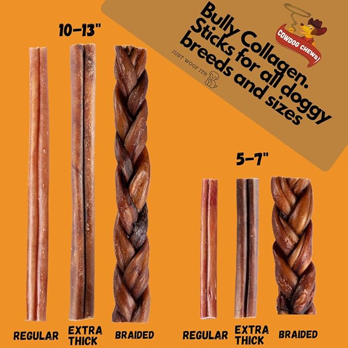 Cowdog Chews Beef Bully Stick: Odor-Free, Fully Digestible Beef Collagen Chews (5-7", 5 Count) - Natural, Grain-Free, Long-Lasting Collagen Bully Stick Substitute for All Dog Breeds