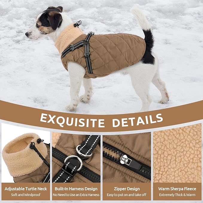 Queenmore Dog Jacket, Dog Coats for Large Dogs, Large Pet Coat with Harness Built in, Thick Fleece Snow Jacket for Extra Large Breeds, Waterproof Windproof Pet Apparel Cold Weather, Brown 3XL