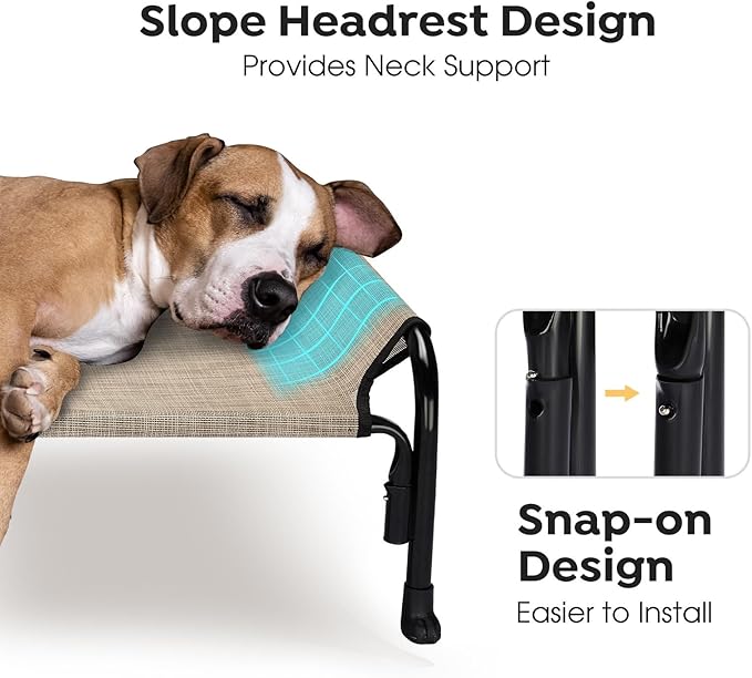 Veehoo Outdoor Elevated Dog Bed, Raised Dog Cot for Large Dogs, Cooling Washable Waterproof Pet Hammock Beds with Slope Headrest, Breathable Mesh and Sturdy Frame, Large, Beige Coffee, CWC2204