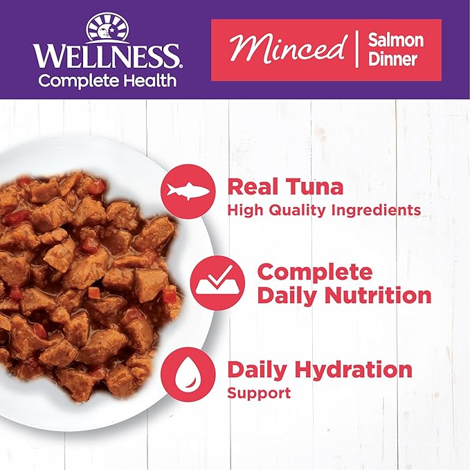 Wellness Complete Health Minced Adult Wet Cat Food, Natural, Protein-Rich, Grain Free, 3 Ounce, 24 Pack, (Salmon Entrée)