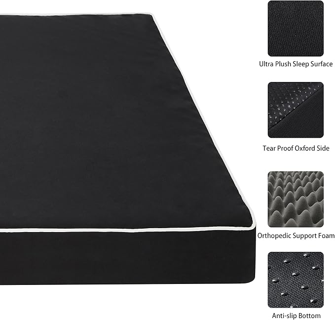 Dog Bed Mats for Large Dogs - Orthopedic Dog Pet Bed Thick Egg Foam Crate, Removable Washable Cover, Non-Slip Bottom Durable Dog Crate Bed Mat (Black, L(36''x27''x3''))