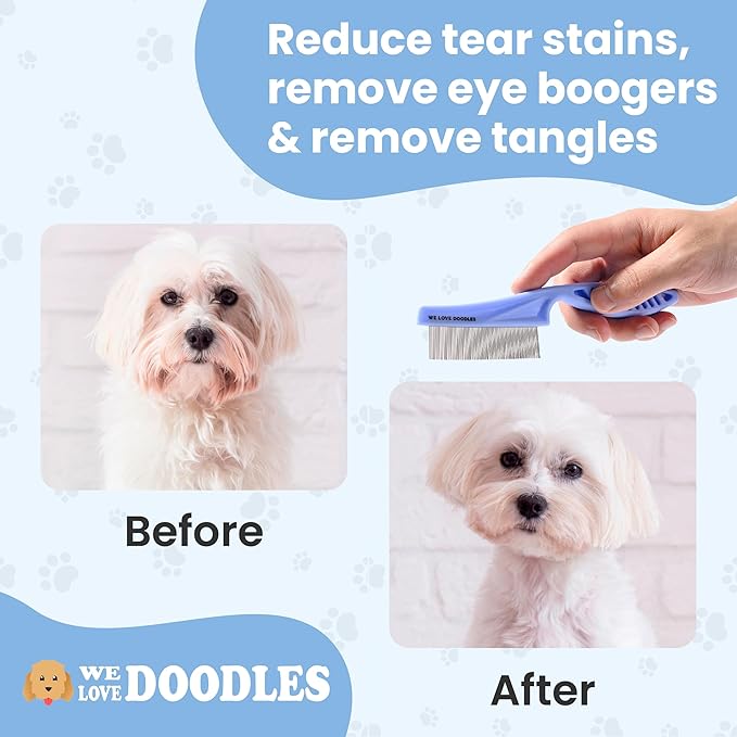 Dog Face Comb, Flea Comb for Dogs, Fine Tooth Tear Stain Remover Metal Comb, Removes Crust, Mucus, and Stains, Face Brush for Poodles & Other Breeds, Grooming Brush for Pets, Large [We Love Doodles]