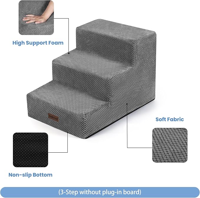 Dog Stairs for Small Dogs & Cats,3-Step Extra Wide Non-Slip Pet Steps for Couch Sofa and Chair,Grey,15.7" H