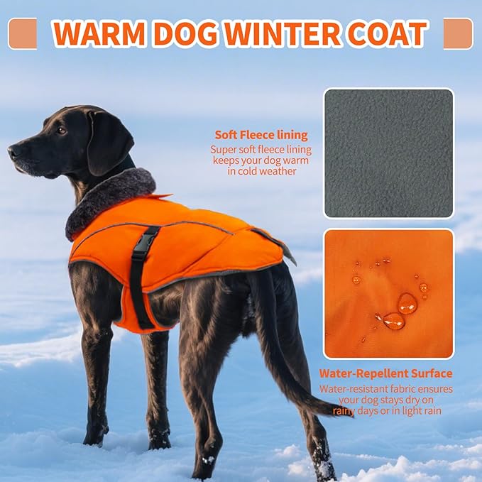 DENTRUN Winter Warm Dog Coat Reflective Jacket with Turtleneck for Cold Weather, Adjustable Buckle Windproof Water Repellent, Thick Snowsuit Fleece Vest for Small, Medium, Large Dogs, Orange, XXXL