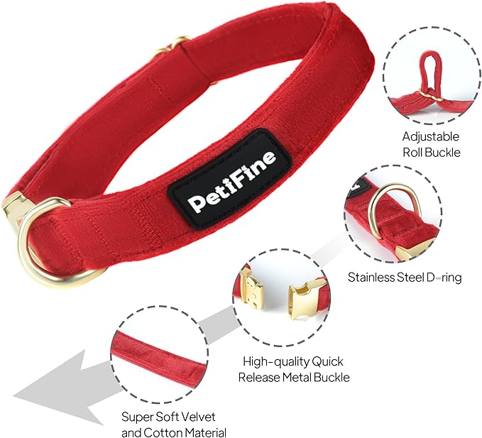 PetiFine Dog Collar and Leash Set - Adjustable Red Super Soft Velvet With Metal Buckle for Small Medium Large Dogs
