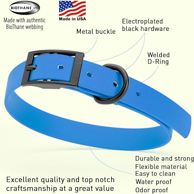 Dogline Biothane Coated Webbing Dog Collar with Black Metal Hardware: Durable Easy-Clean Everyday Collar for Dogs - Comfortable Adjustable Odor-Resistant Pet Collar, W3/4" x L15-18, Cerulean Blue