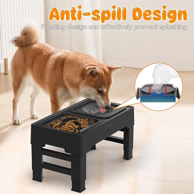 URPOWER 2-in-1 Elevated Slow Feeder Dog Bowls with No-Spill Water Bowl, 4 Height-Adjustable Raised Dog Bowls, Non-Slip Food and Water Bowls with Stand for Small, Medium, Large Dogs, Cats and Pets