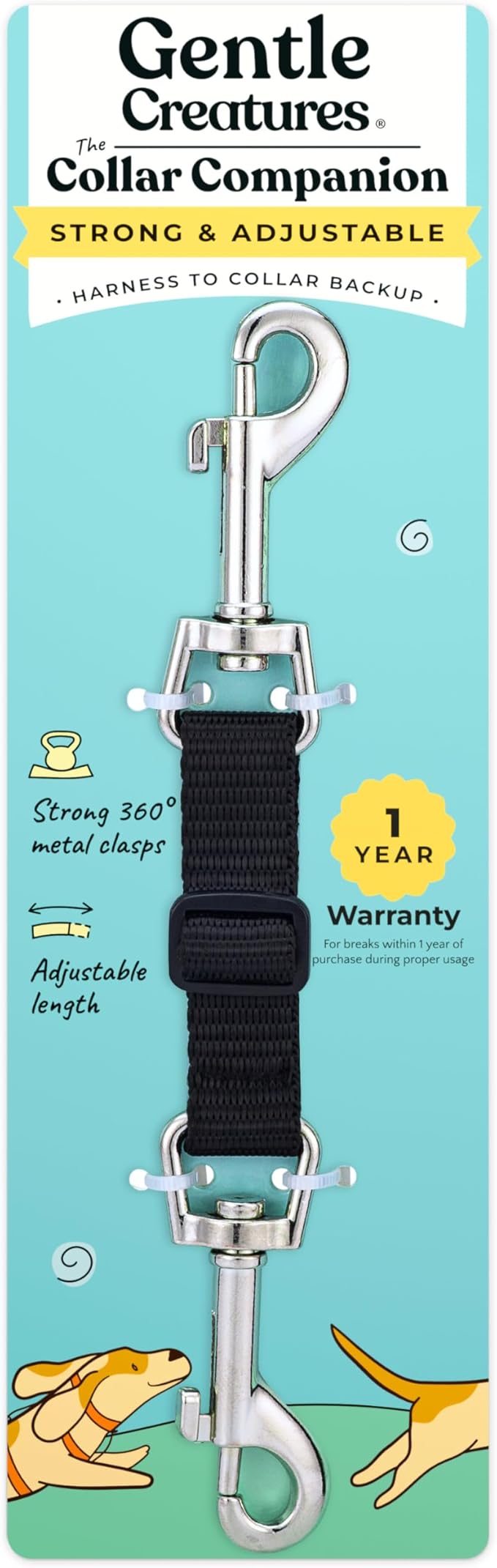 Gentle Creatures Collar Companion - Adjustable Backup Clip for Dog Harness, Prong, Pinch Collars, Gentle Lead - Double Ended Backup Clasp - Harness to Collar Safety Clip