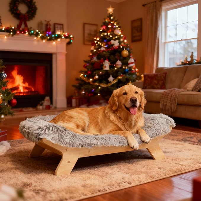Medium Size Elevated Dog Bed with Washable Cover, Natural M Up to 50lbs