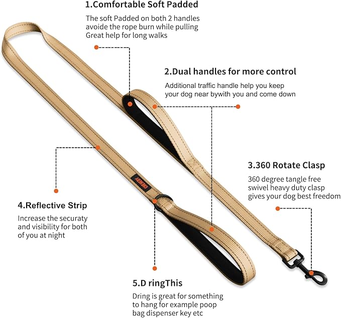 Heavy Duty Double Handle Leash - Reflective Training Lead for Large Breed Dogs (6FT Khaki)