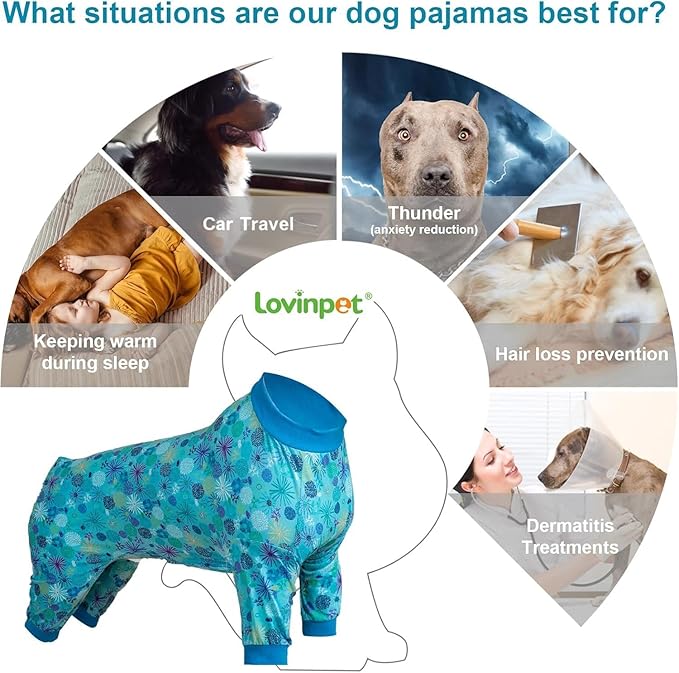 LovinPet Dog Sweatshirts for Size Large Boy Dogs, Pet Anxiety Calming Shirt, Pajamas for Pitbulls,Sea Plants Turquoise Print, Pitbull Clothes, Pajamas for Large Dogs, 2XL