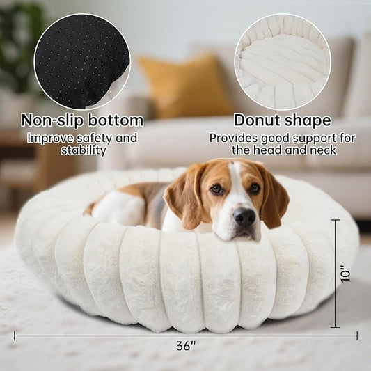 Warming Faux Rabbit Fur Pet Beds – Luxurious Donut Dog & Cat Bed, Anti-Anxiety Calming Cuddler Bed for Small Medim Dogs, Washable Round Puppy Kitten Beds, Non-Slip Bottom(36x36x10, White)