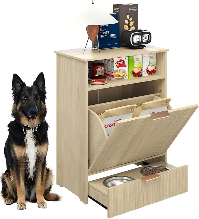 Erinnyees Dog Feeding Station, Dog Food Storage Container with Raised Bowls, Pet Feeder Station Food Cabinet for Toy Feeding Watering Supplies, Natural