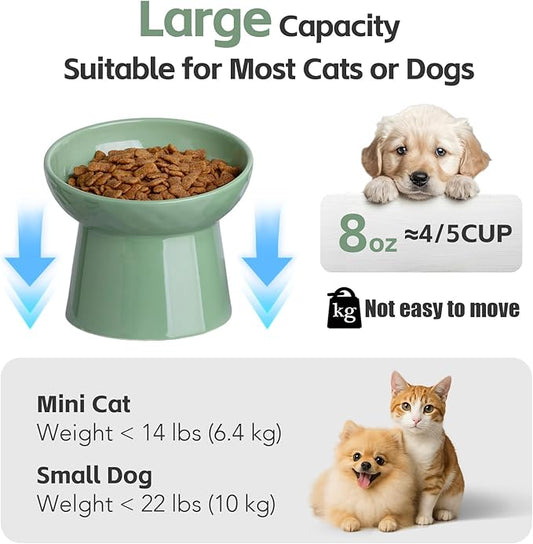 YauYik Raised Cat Bowl, Elevated Cat Food Bowls with Tilted Angle, Stress Free, Anti Vomiting, Ceramic Water Bowl for Cats Small Dogs Feeding Dish, 8 Ounces (Green-2)