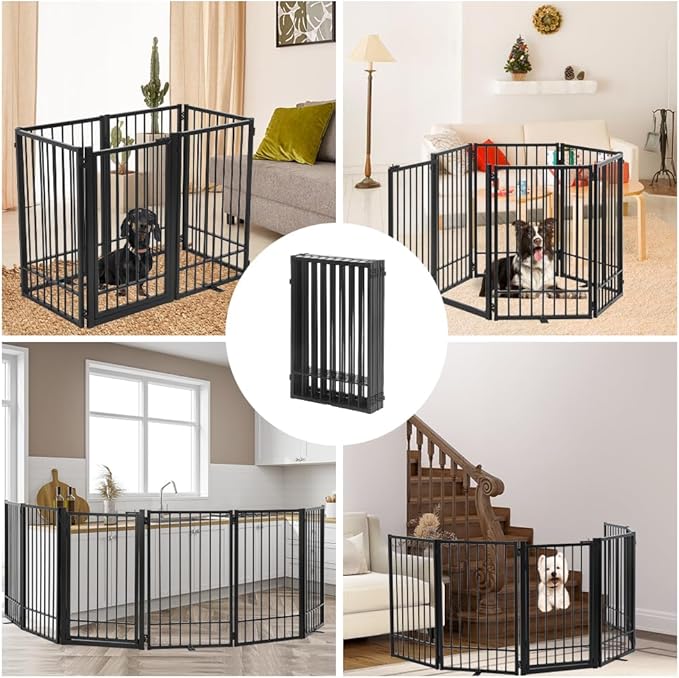 Metal Freestanding Dog Gate with Door, Extra Wide 121", 31" Height Foldable Dog Gates for Doorways, Tall Pet Fence Indoor Outdoor Pet Gates, 6 Panels Pet Barrier for Stairs Hallways, Black