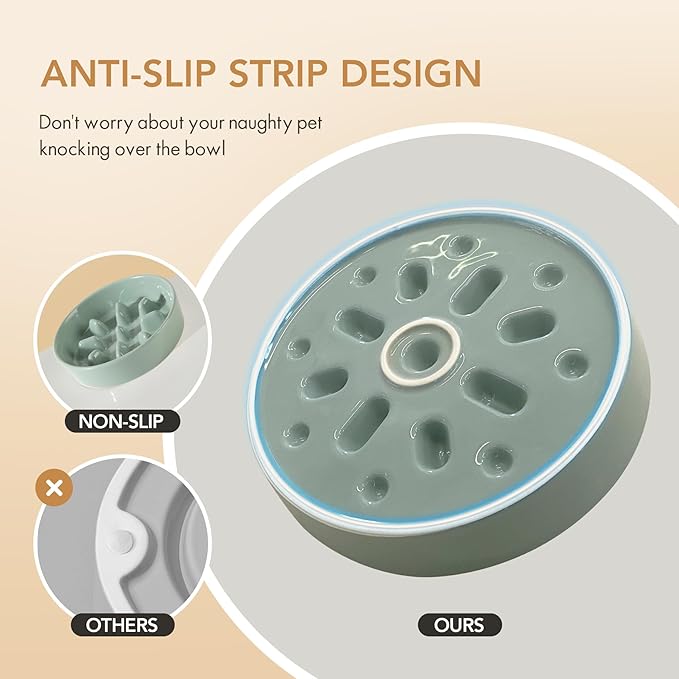 Ceramic 1.2 Cup Dog Bowl Slow Feeder, 7.3 inch Slow Pet Food Dish for Medium and Small Dog, Stop Bloat, Preventing Choking(Single Bowl, Light Green)