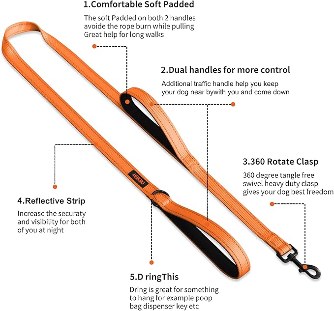 Dog Leash, Heavy Duty Dog Leash, Leashes for Large Breed Dogs ., Double Handle Dog Leash, Reflective Training Lead, Perfect for Medium to Large Dogs(5FT,Orange)