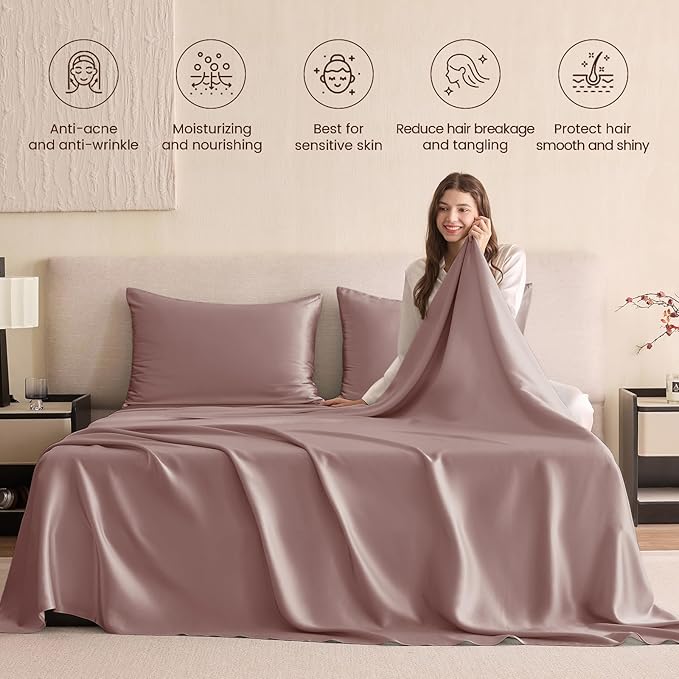 THXSILK Silk Sheet Set 4Pcs, 6A+ Top Grade 100% Pure Mulberry Silk Bed Sheets Ultra Soft Durable Luxury Bedding Sets Cooling, 1 Fitted Sheet, 1 Flat Sheet and 2 Pillowcases (Twin-XL, Purple)