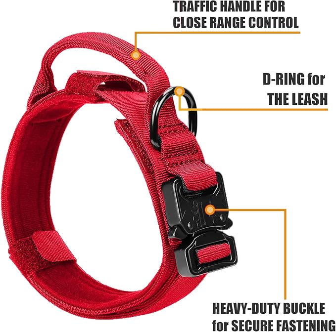 Tactical Dog Collar and Bungee Leash, Military & Leash Set with USA American Flag Adjustable K9 Heavy Duty Metal Buckle Handle, Patches Airtags Case (L, Red(1PCS))