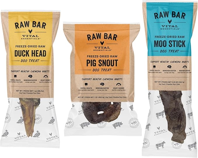 Vital Essentials Freeze-Dried Raw Bar Aggressive Chew Bundle | Duck Head, Pig Snout, Moo Stick | Single Ingredient Dog Treat & Natural Chews | Made in USA | 3 Pack
