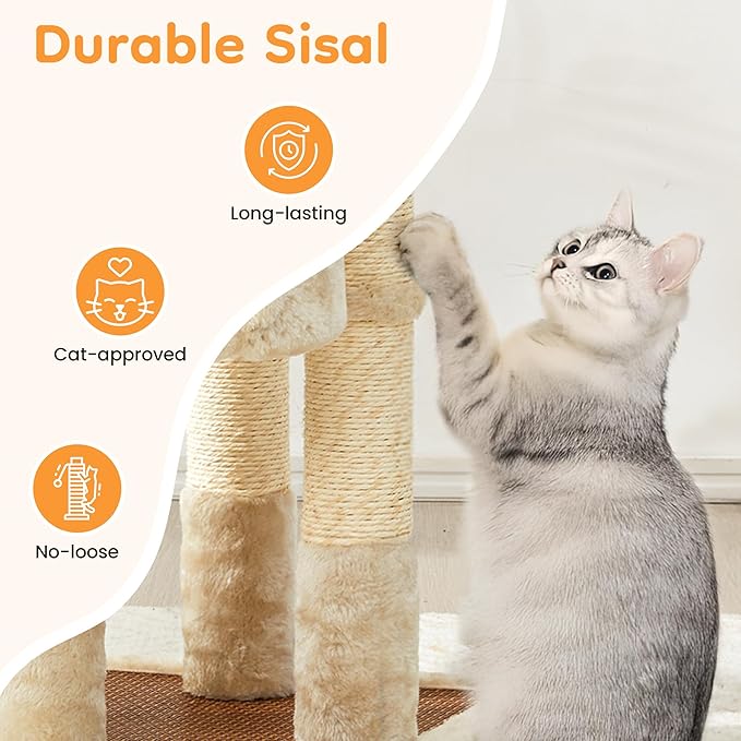 Multi-Level Cat Tower with Scratching Posts, Cat Tree with Double Cat Bed & Hanging Toys, Cute Climbing Tower with Sisal Scratcher for Kittens & Adult Cats, Cream White