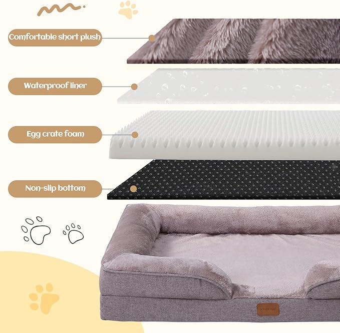Extra Large Dog Bed Orthopedic with Bolster Sides Removable Egg-Crate Foam Waterproof Liner Pet Bed Sofa Couch with Removable Washable Cover Non-Slip Bottom, Beige