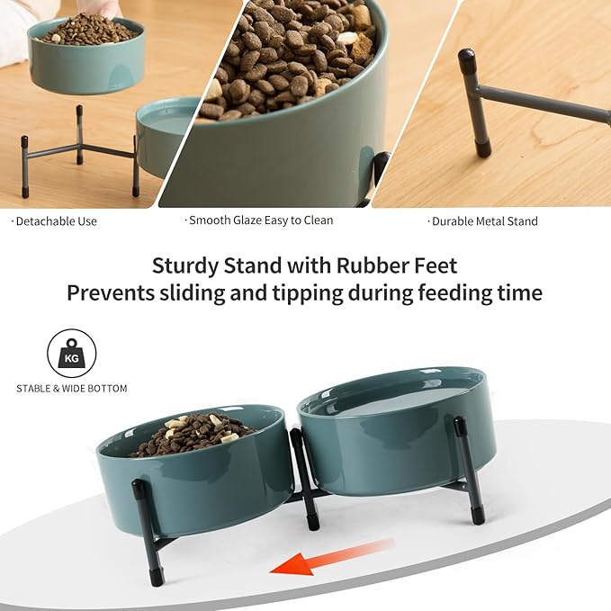 AOMRYOM 32 OZ Dog Bowls with Elevated Metal Stand, 6 Inch Ceramic Cat Bowl Dish for Food and Water, Pet Feeder Bowls for Cats & Dogs - Set of 2, Blue-Grey