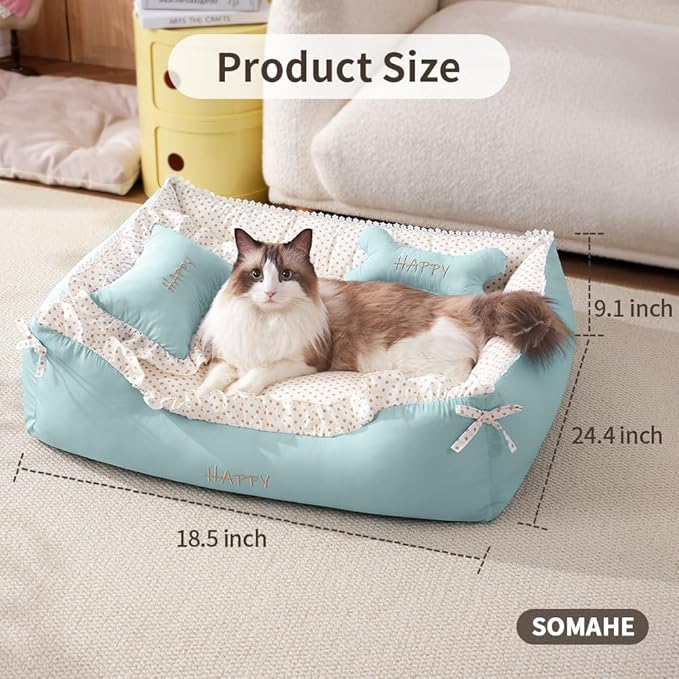 Cat Bed Rectangle Pet Bed Gift for Puppy and Kitten Machine Washable Calming Fluffy Pet Couch Sofa for Indoor Outdoor Portable Soft Cat Beds with Non-Slip Bottom 24×18×9inch Green