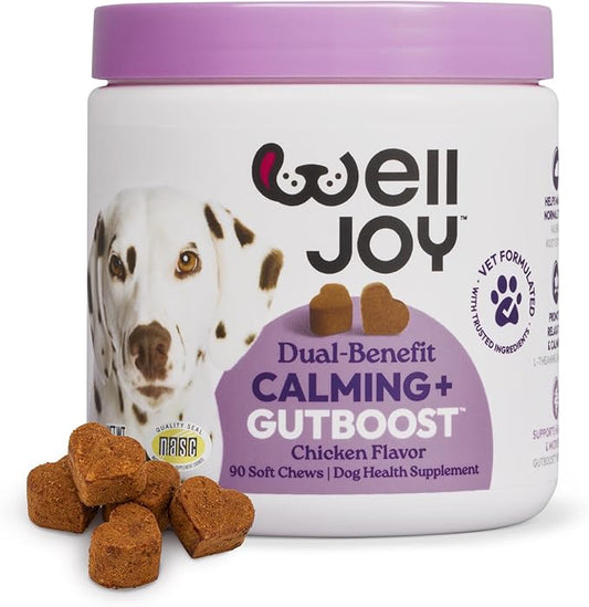 WellJoy Dog Supplement Calming+ GutBoost | Dog Health Supplement | Promotes Relaxation & Calmness | Dual-Benefit GutBoost Formulation | Vet Formulated | USA Made | Chicken Flavor | 90 Soft Chews